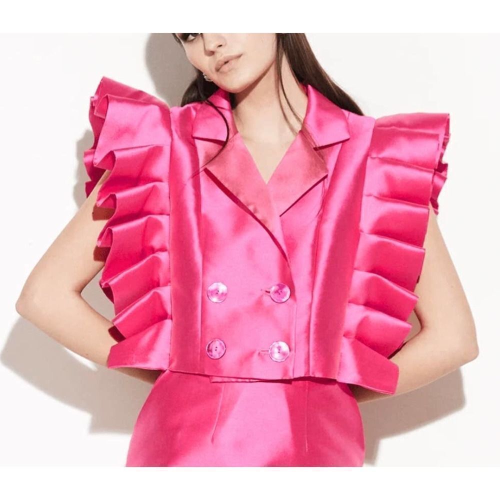 SKRT Women's Ronna Cropped Silk Blend Short Sleeve Ruffled Blazer XS